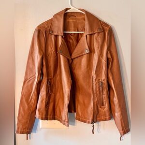 Max Studio Cognac Brown Moto Jacket Small Faux Leather Zip Up Biker Coat